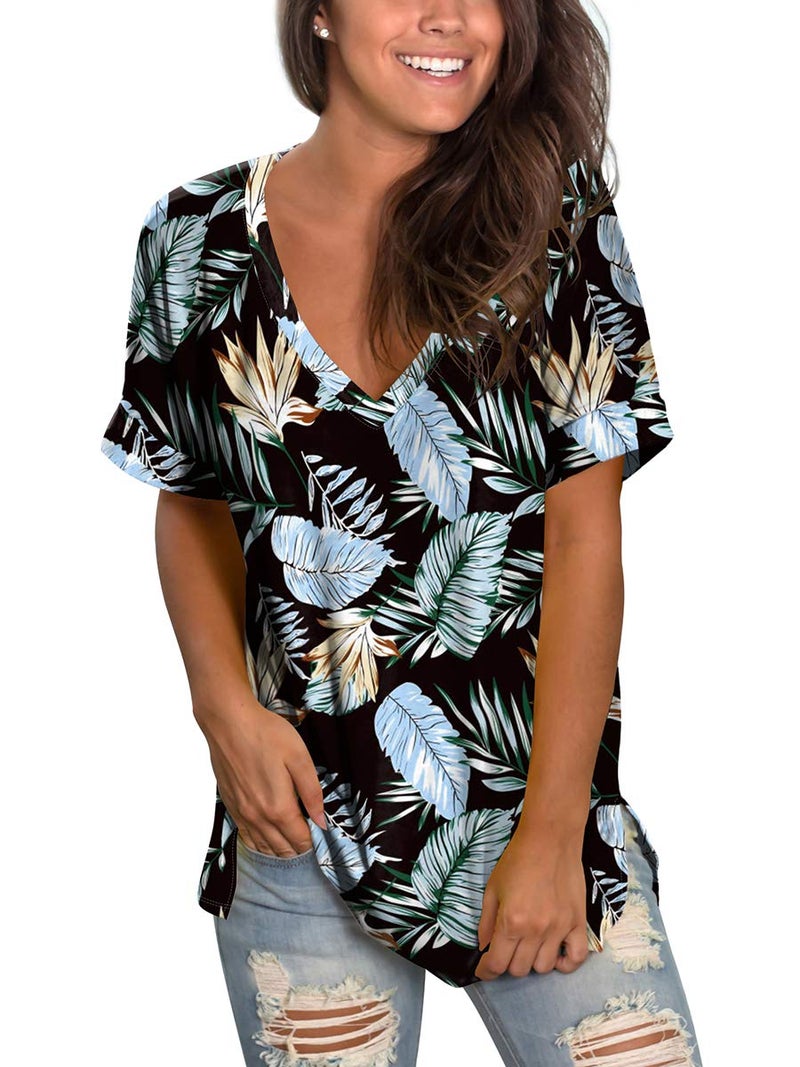 SAMPEEL Womens Tops for Work Unique Shirts Color Block Ladies Black V Neck Shirt Floral L - Image 1